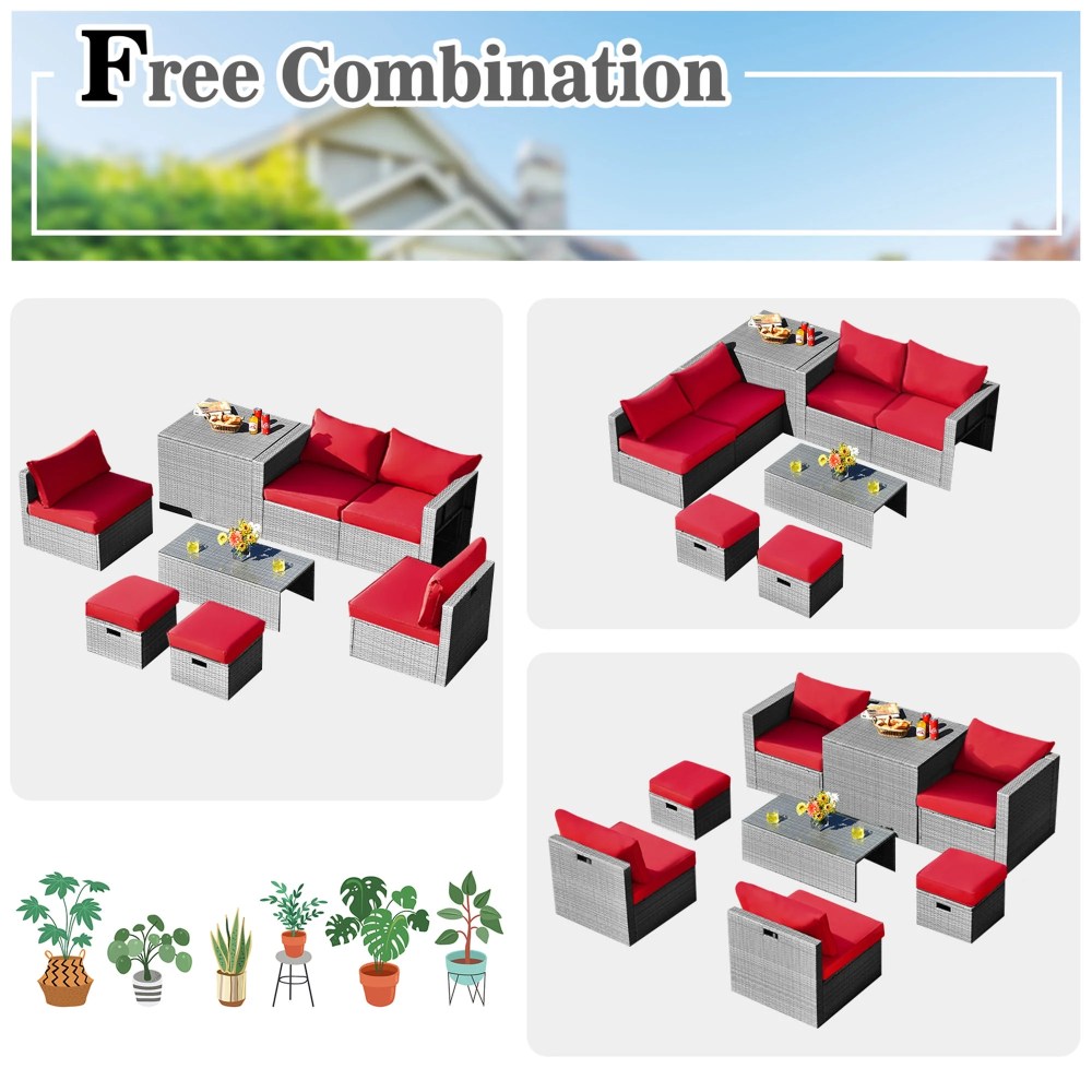 Gymax Fashion 8PCS Rattan Patio Space-Saving Furniture Set w/ Waterproof Cover & Red Cushions - Image 5
