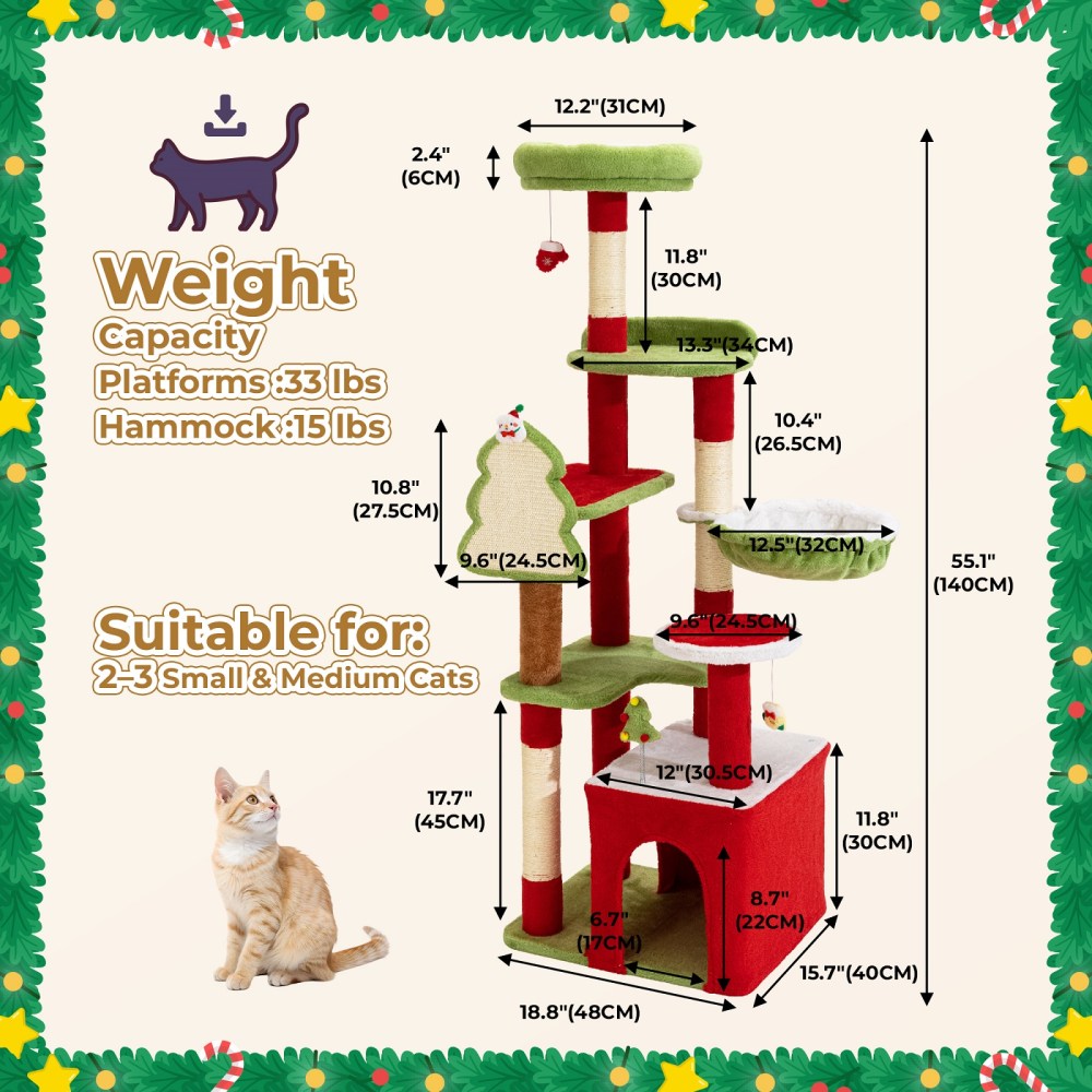 PERIMIDOME 55" Large Cat Tree Tower for Indoor Cats, Multi-Level Cat Furniture with Condo, Hammock & Scratching Posts, Christmas Edition - Image 4