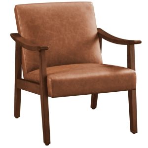 Yaheetech Mid-Century Upholstered Faux Leather Armchair with Solid Wood Legs, Brown