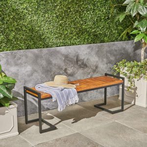 Noble House Brycen Acacia Wood and Iron Bench, Teak/Black Metal