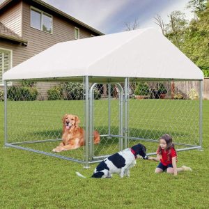 Outdoor Large Dog Kennel,  Heavy Duty Dog Enclosure with UV & Rain-Proof Fully Covered Roof,  Rustproof Metal Mesh,  Double Security Locks,  6.6 x 6.6 FT