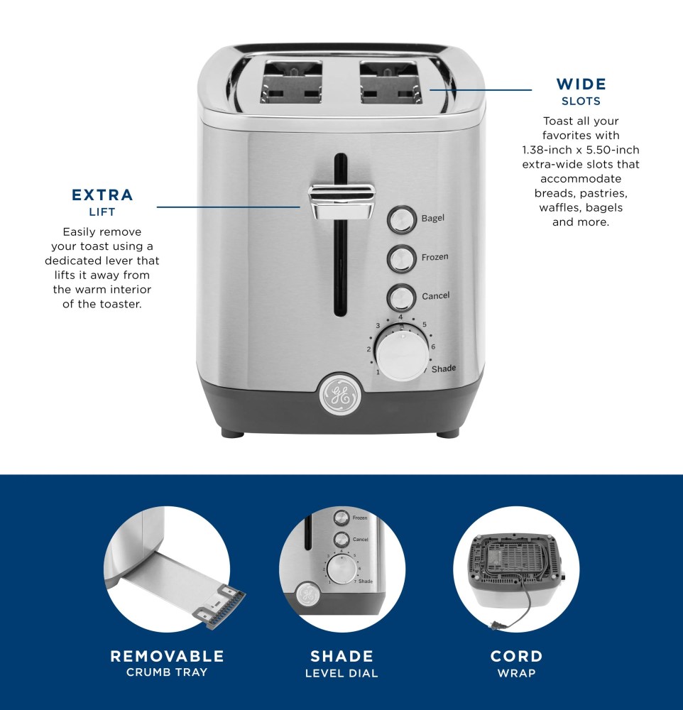 GE 2-Slice Toaster with Extra Wide Slots and Removeable Crumb Tray, Stainless Steel - Image 6