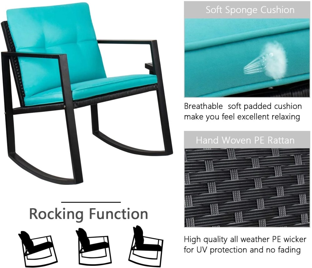 Vineego Outdoor Bistro Set 3-Piece Rocking Wicker Chairs with Cushions and Glass Coffee Table, Blue - Image 3