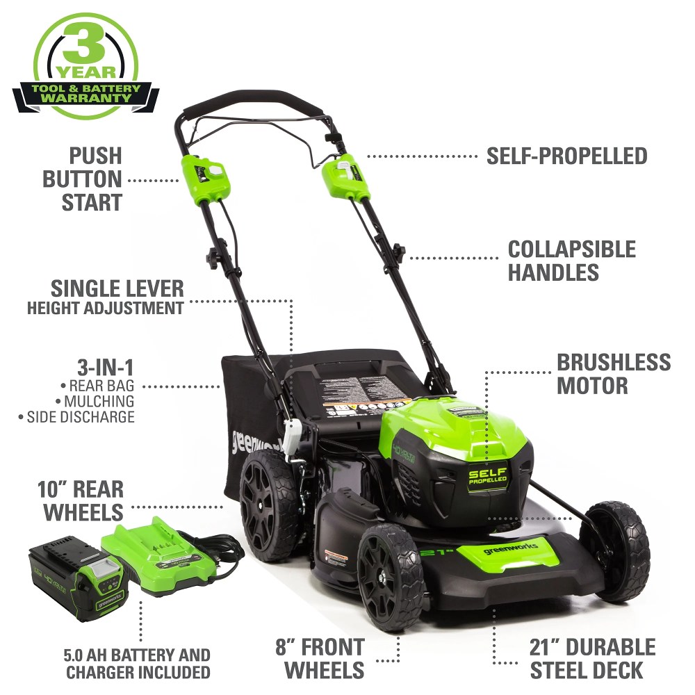 Greenworks 40V 21" Brushless Self Propelled Lawn Mower with 5.0 Ah Battery and Charger 2516402 - Image 11