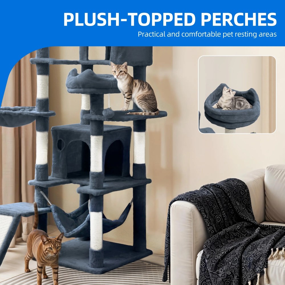 Uforic 75"Large Cat Tree Tower Multi Level Play Tower Condo with Sisal Ramp, Scratching Posts & Cozy Basket Hammocks, Dark Gray - Image 4