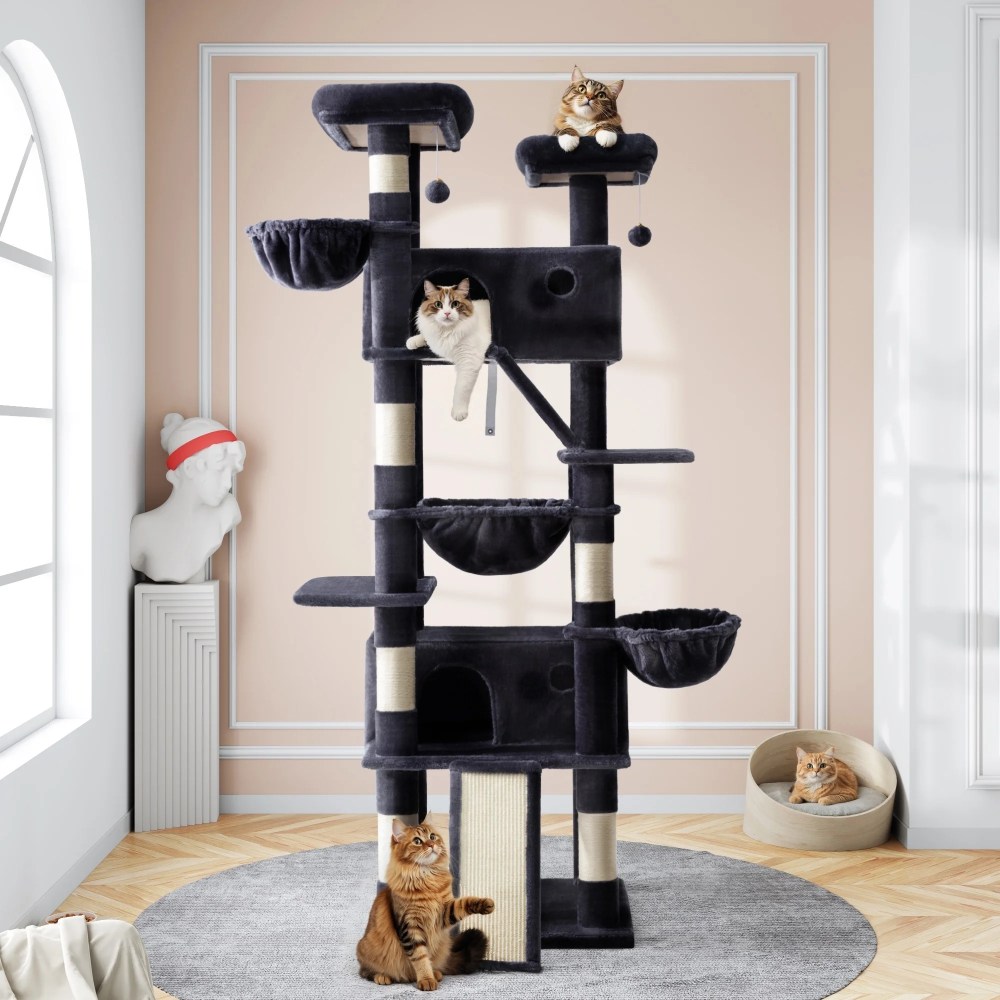 Amolife 81" Large Cat Tree Tower for Large Cats with Cat Condo Hammock, 2 Scratching Ramps, 6 Scratching Posts, Blue - Image 4