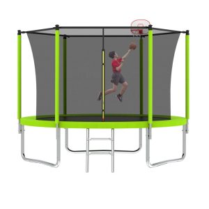 10FT Trampoline for Kids, Outdoor Trampoline with Basketball Hoop, Heavy-Duty Trampoline with Safety Enclosure Net, Green