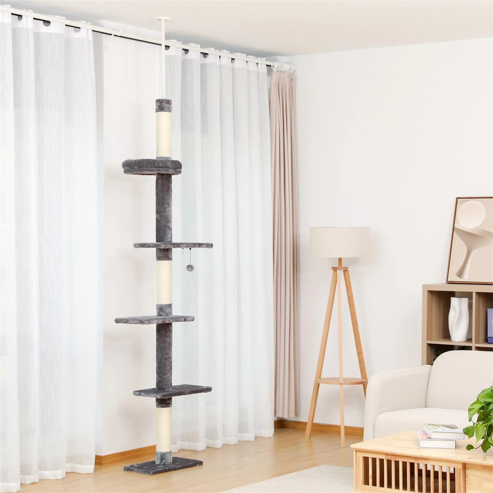 Pefilos Adjustable 90"-108" Tall Cat Tree for Indoor Cats, Multilevel Cat Tower with Sisal Scratching Posts, Floor-to-Ceiling Cat Condo for Adult Cats, Gray - Image 6