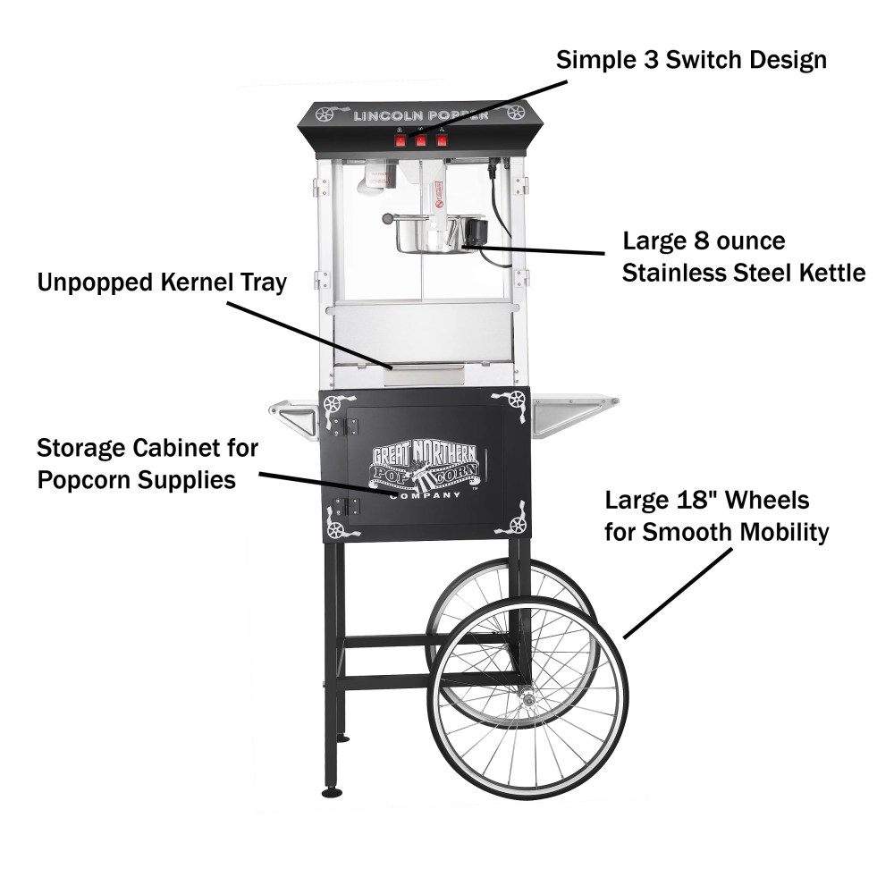 Lincoln Popcorn Machine with Cart- Popper Makes 3 Gallons- 8-Ounce Kettle, Old Maids Drawer, Warming Tray & Scoop by Great Northern Popcorn (Black) - Image 3