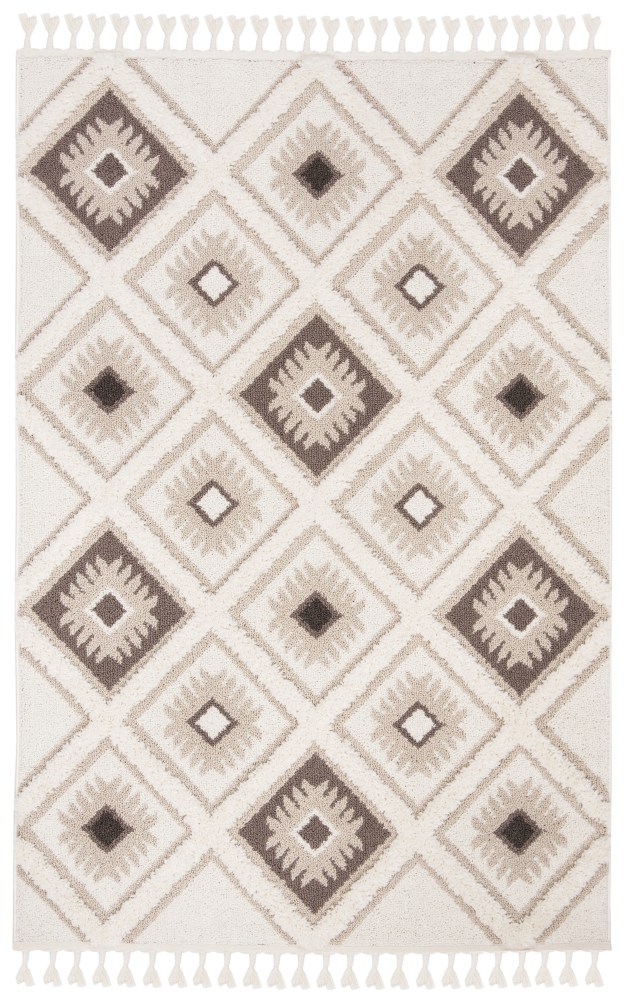 SAFAVIEH Moroccan Tassel Shag Elsie Moroccan Geometric Area Rug, Ivory/Brown, 5'3" x 7'6"