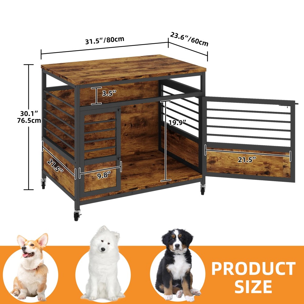 Craftian 32 Inch Dog Crate Furniture, Dog Kennel Indoor with Wheels and Removable Tray, End Table Dog Crate - Rustic Brown & Black - Image 6