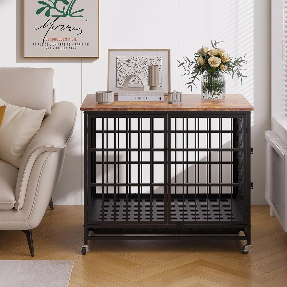 Winkalon 42 Inch Large Dog Crate Rustic Style Furniture Dog Cage Crate with 3 Doors and 4 Wheels Heavy-Duty Kennel, Brown - Image 8