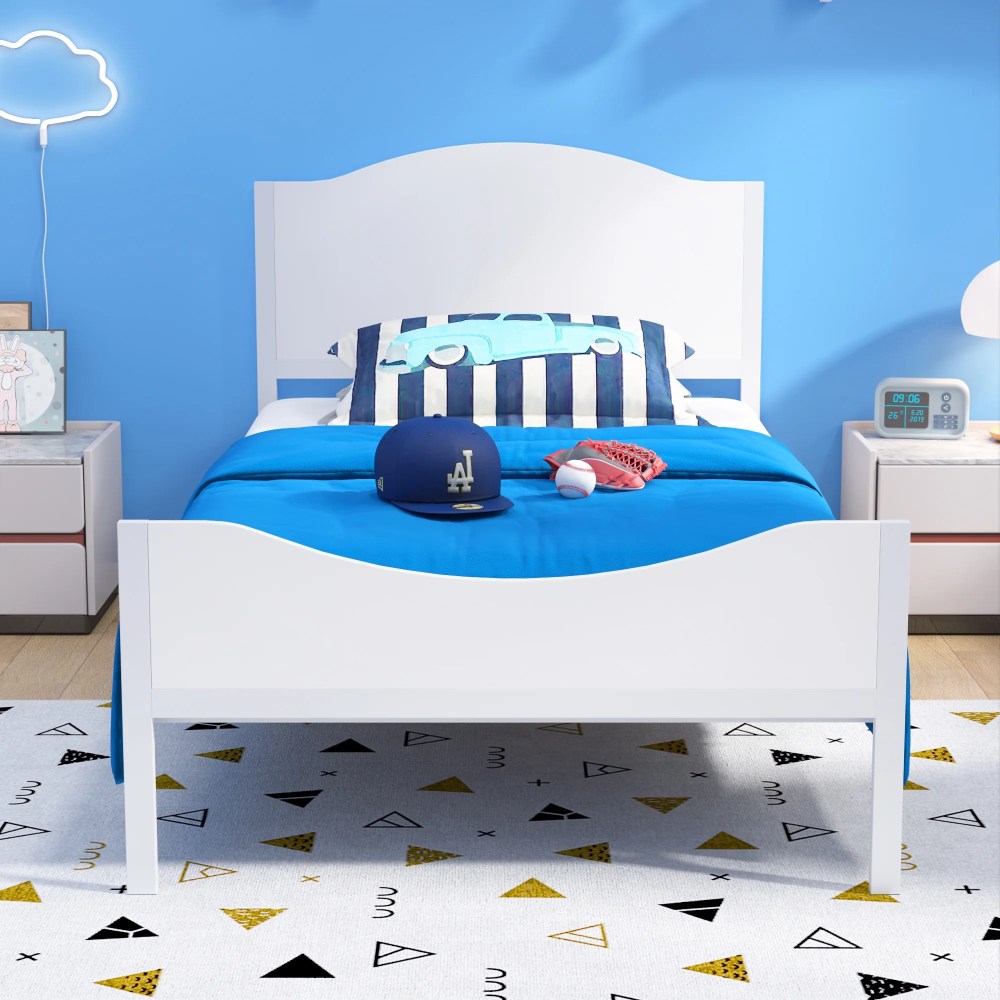 Yoneston Twin Kids Metal Platform Bed Frame with Wood Headboard for Children,Teens & Adults,No Box Spring Needed,White