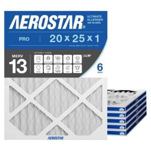 Aerostar 20x25x1 MERV 13 Air Filter,Pleated AC Furnace HVAC,Smoke Bacteria Allergy,6 Pack
