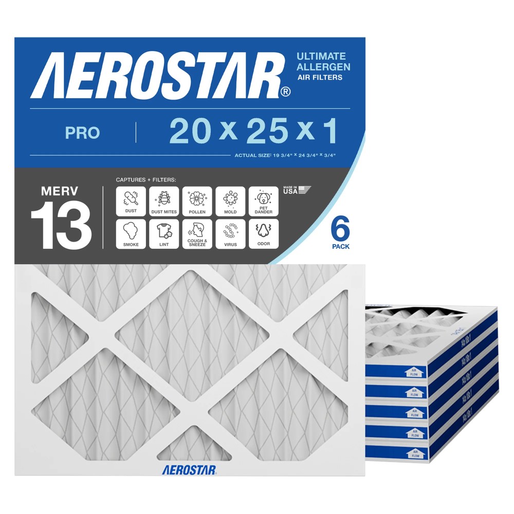 Aerostar 20x25x1 MERV 13 Air Filter,Pleated AC Furnace HVAC,Smoke Bacteria Allergy,6 Pack