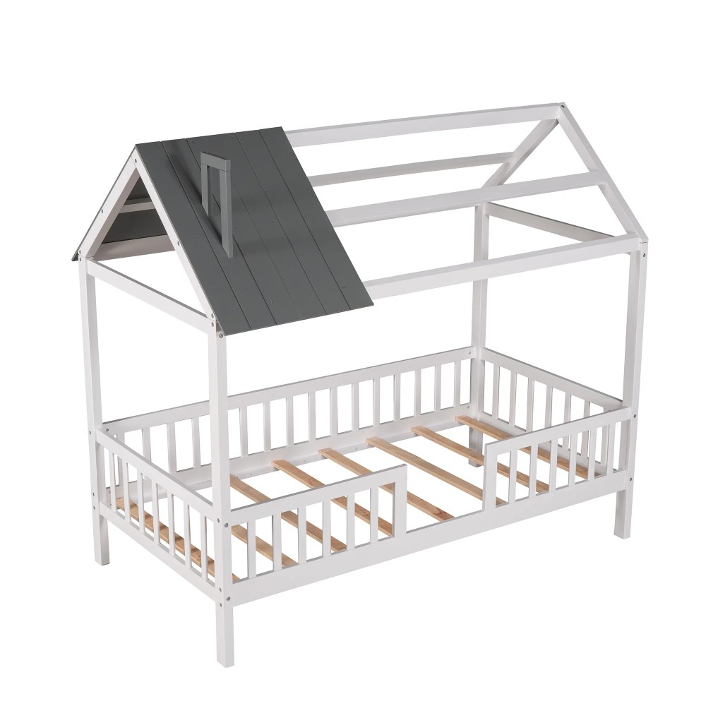 Aukfa Twin House Bed with Fence and Roof, Wood Montessori Bed for Kids, Teens - White/Gray - Image 6