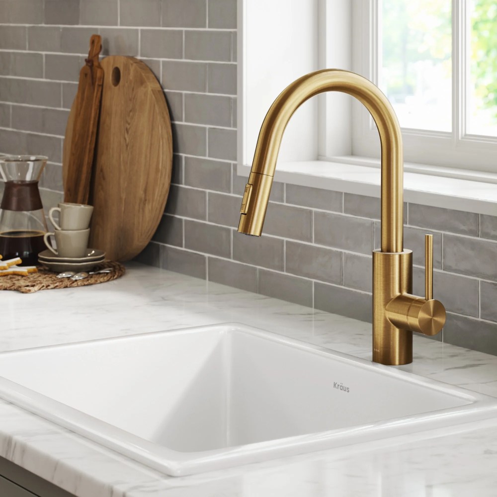 KRAUS Oletto Single Handle Pull Down Kitchen Faucet with QuickDock Top Mount Installation Assembly in Spot-Free Brushed Brass - Image 6