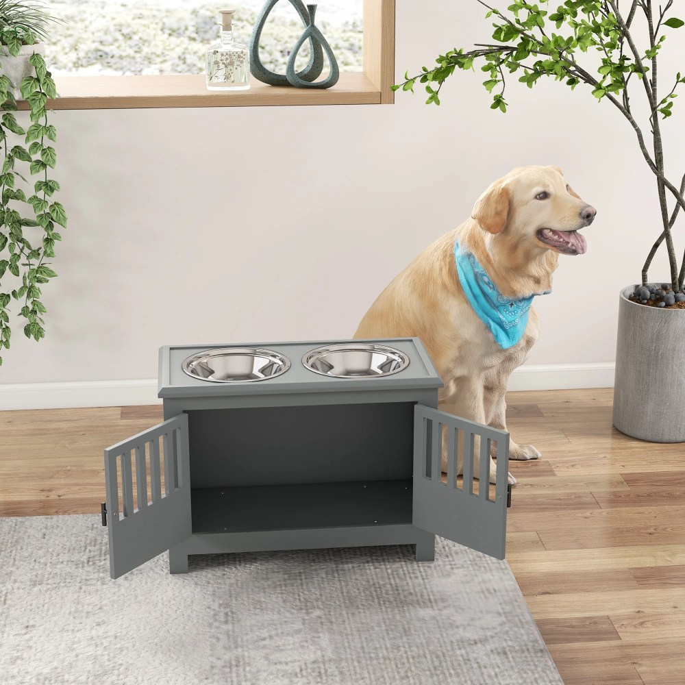 PawHut Dog Food Storage Cabinet with Bowls & Dog Feeding Station, Gray - Image 3