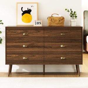 YouTrend Rustic 6 Drawer Dresser with Shell-Shaped Handles, Wood Adult Storage Cabinet for Living Room, Bedroom, Walnut