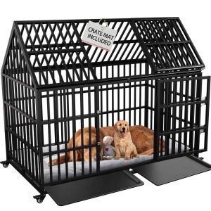 Heavy Duty Dog Crate 54 inch with Mat Indestructible Pet Dog Cage Crate Kennel with Roof Top 2 Doors Removable Trays,  Lockable Wheels Escape-Proof for High Anxiety Large /Extra Large Dogs