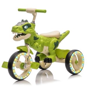 Xuanlur Kids Ride on Dinosaur Tricycle, Toddlers Kid Trike with EVA Wide Flash Wheels, Anti-Slip Pedals, Rear Basket, Music & LED Lights, Toddler Bike Toys Gift for 3-6 Year Old Boys & Girls (Gre
