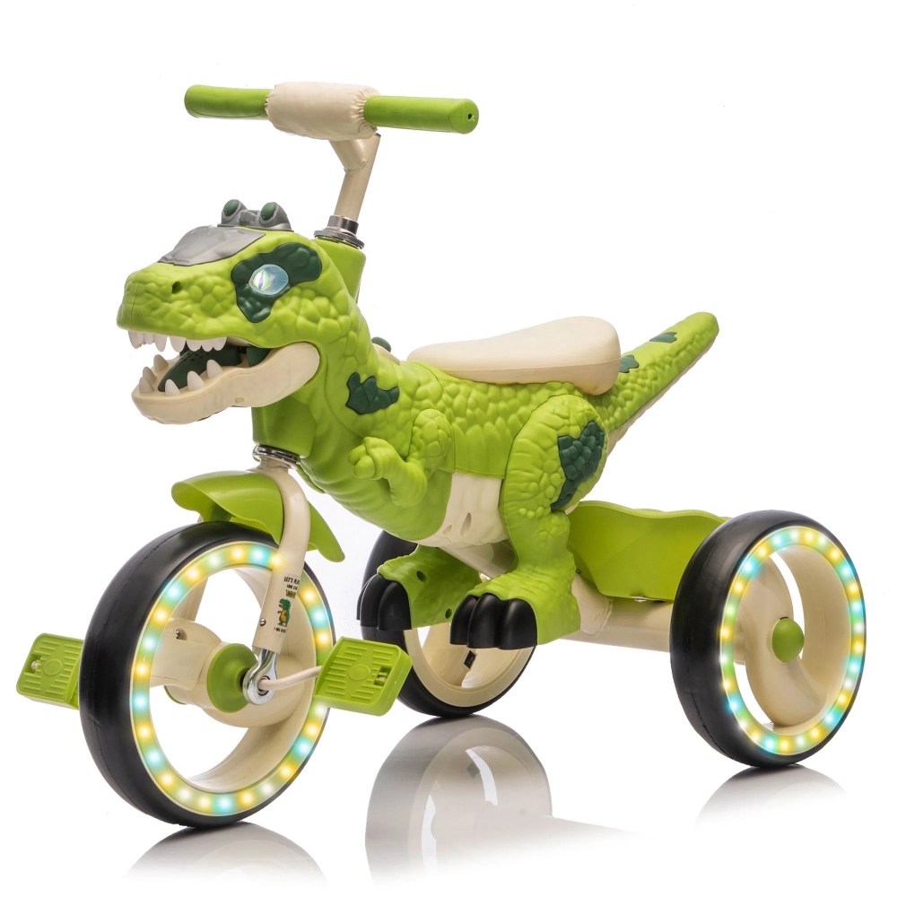 Xuanlur Kids Ride on Dinosaur Tricycle, Toddlers Kid Trike with EVA Wide Flash Wheels, Anti-Slip Pedals, Rear Basket, Music & LED Lights, Toddler Bike Toys Gift for 3-6 Year Old Boys & Girls (Gre