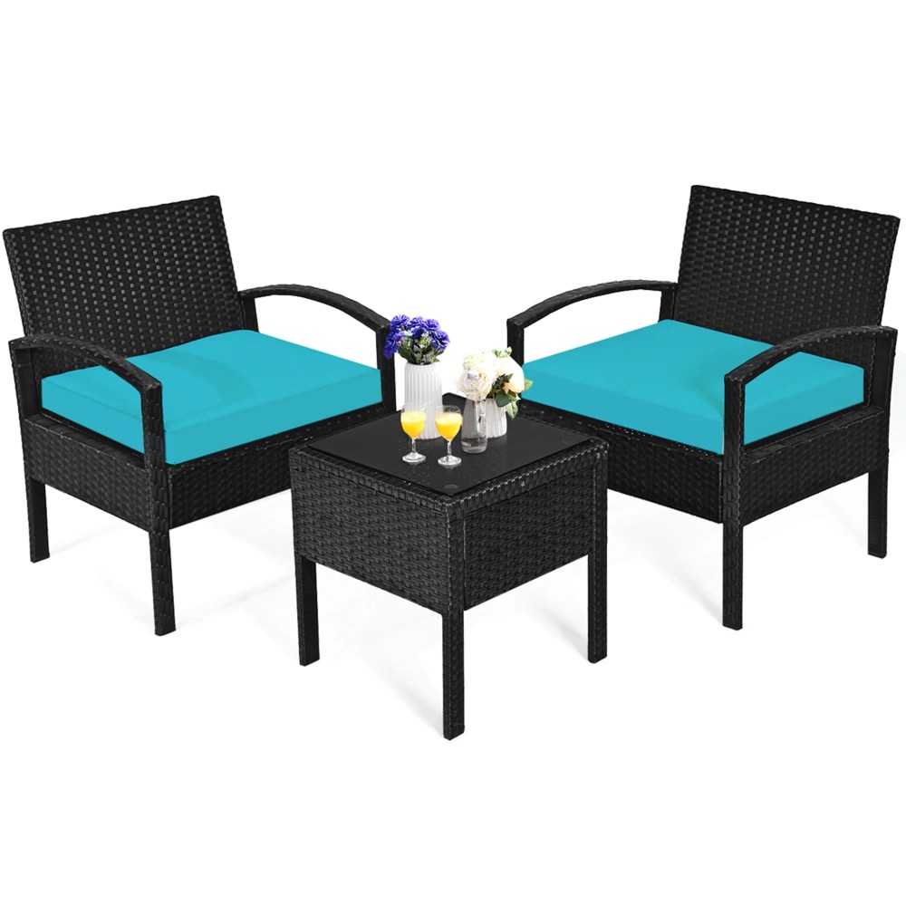 Gymax 3PCS Patio Rattan Conversation Furniture Set Outdoor Yard w/ Turquoise Cushions - Image 10