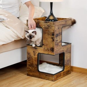 Pefilos 23.6" Cat Tree House for Indoor Cats,  Wood Cat House for Kittens,  Cat Condo with Free Cat Toy,  Scratching Pad and Removable Soft Mats,  Brown