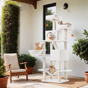 LEDREM 66.1-Inch Multi-Level Cat Tree Tower with 2 Perches,  2 Caves,  Hammock & 13 Scratching Posts-Plush Climbing Condo for Indoor Cats,  Cream White