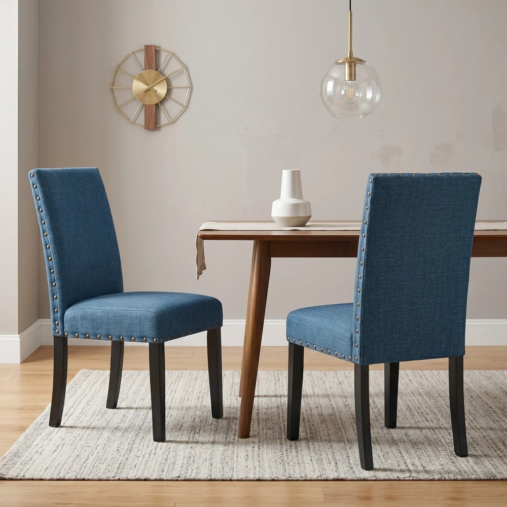 Roundhill Furniture Biony Blue Fabric Dining Chairs with Nailhead Trim, Set of 2 - Image 2