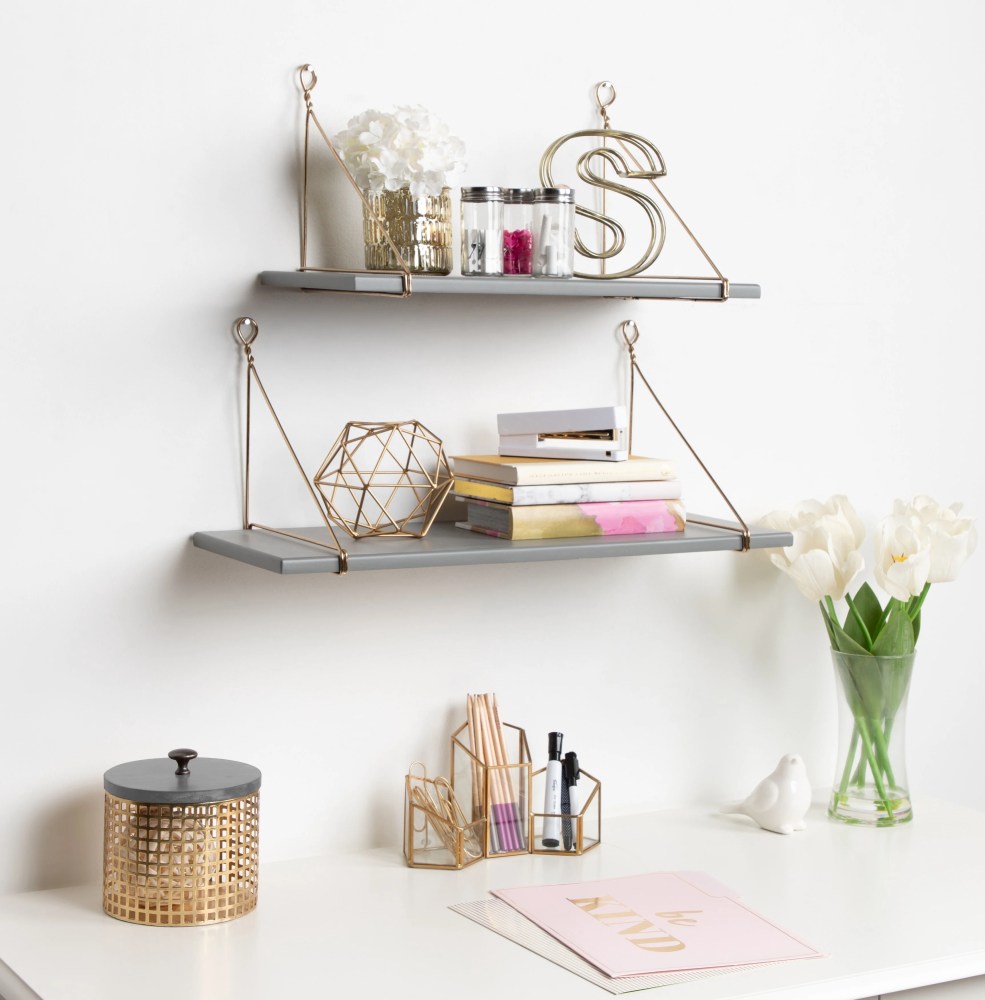 Kate and Laurel Vista Wood and Metal Wall Shelves, Gray/Gold 2 Piece - Image 4
