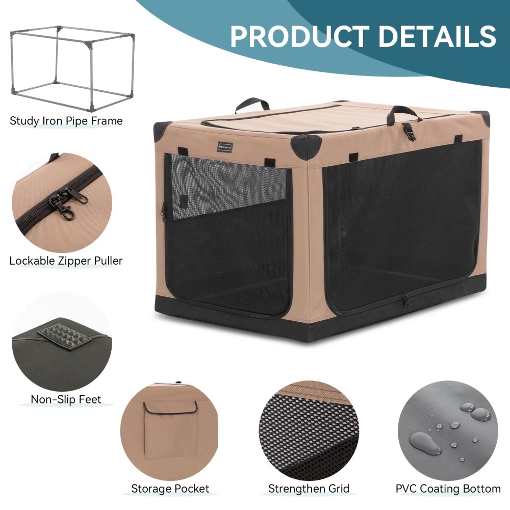Petsfit Portable Dog Care Kennel, 26" L x 19" Wx 18" H Adjustable Fabric Cover by Spiral Iron Pipe, Portable&Easy Assembly Dog Crate 3 Door Design, Khaki - Image 2