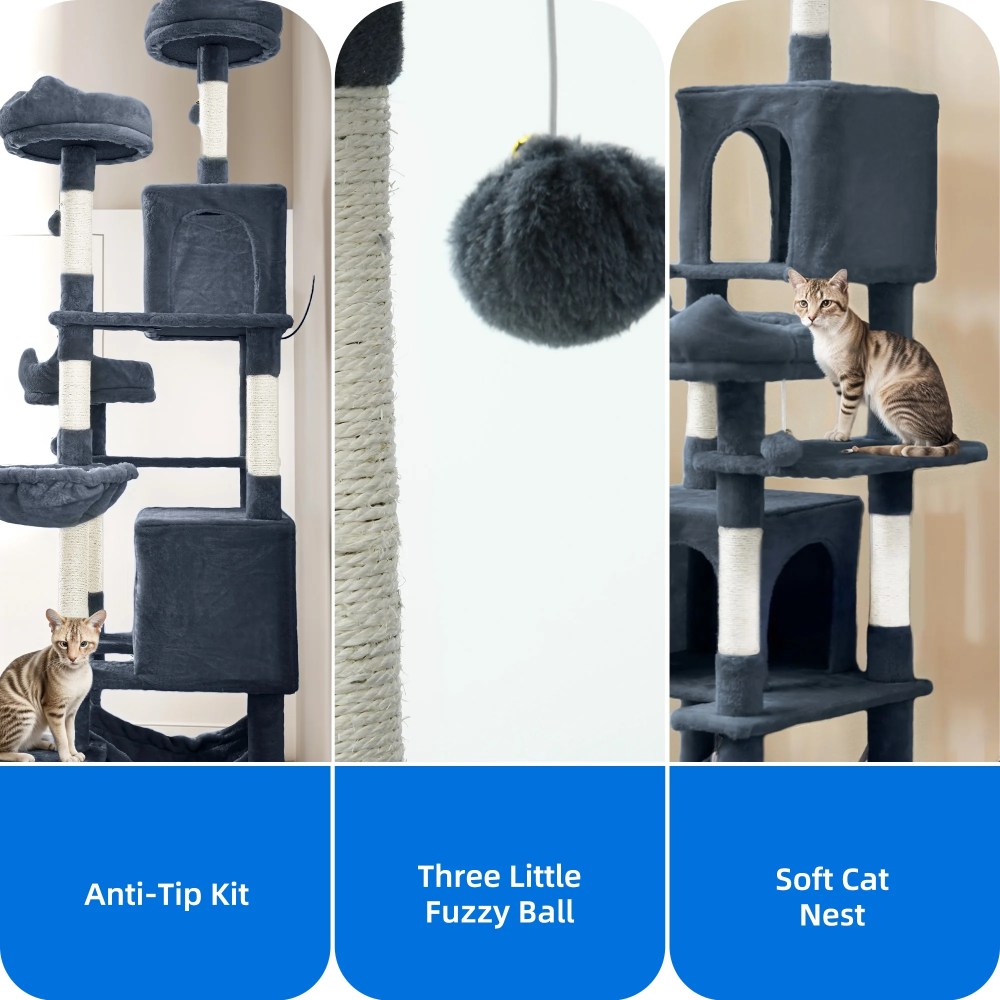 Uforic 75"Large Cat Tree Tower Multi Level Play Tower Condo with Sisal Ramp, Scratching Posts & Cozy Basket Hammocks, Dark Gray - Image 9
