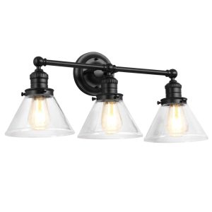 Augustin 26" Black Dimmable Modern 3-Light Vanity Light with Seeded Glass Shades