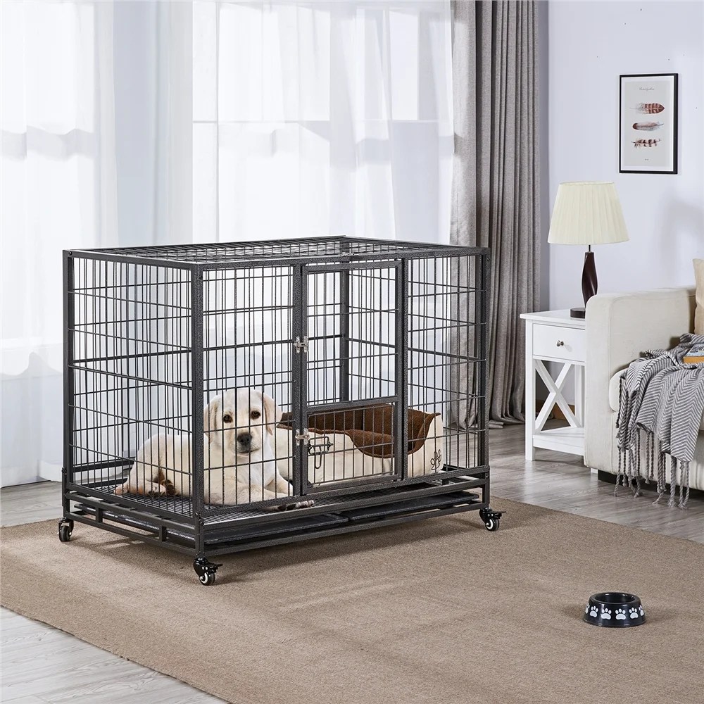 Easyfashion 43 inch Heavy Duty Metal Rolling Dog Cage Kennel, Black - Image 5