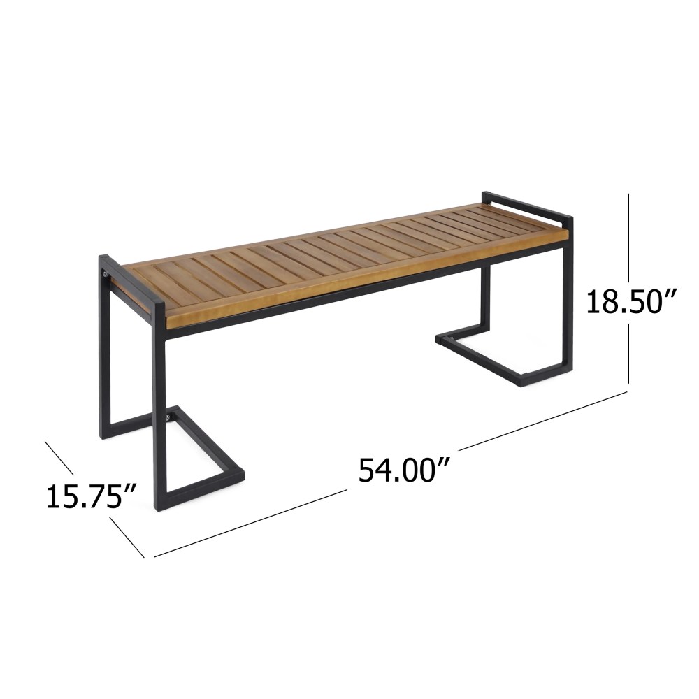 Noble House Brycen Acacia Wood and Iron Bench, Teak/Black Metal - Image 2