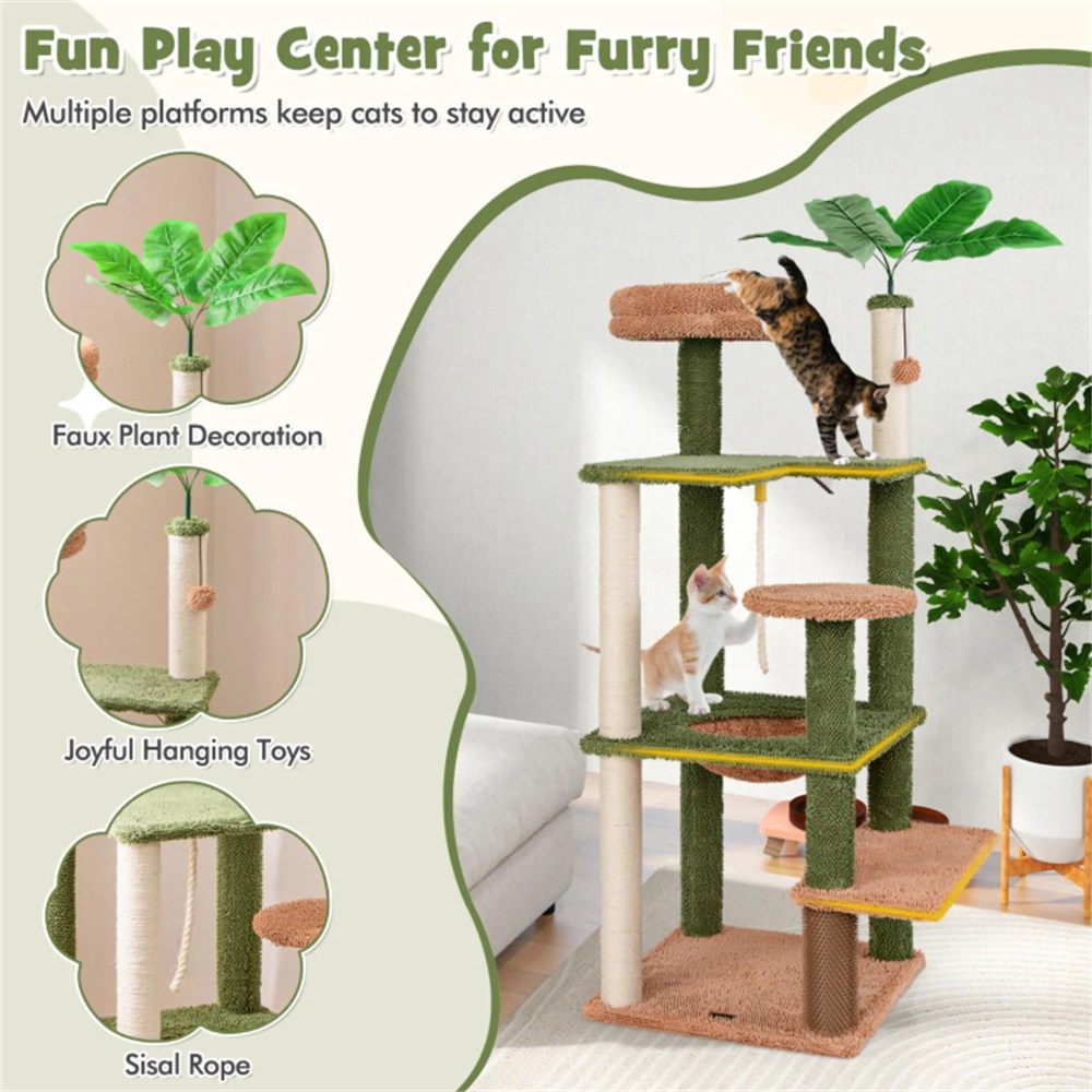 Pefilos 60" Cactus Cat Tree Tower for Indoor Cats, Multi-Level Cat Condo, Cat Tree House with Sisal Scratching Posts, Hammock and Perch, Green - Image 5