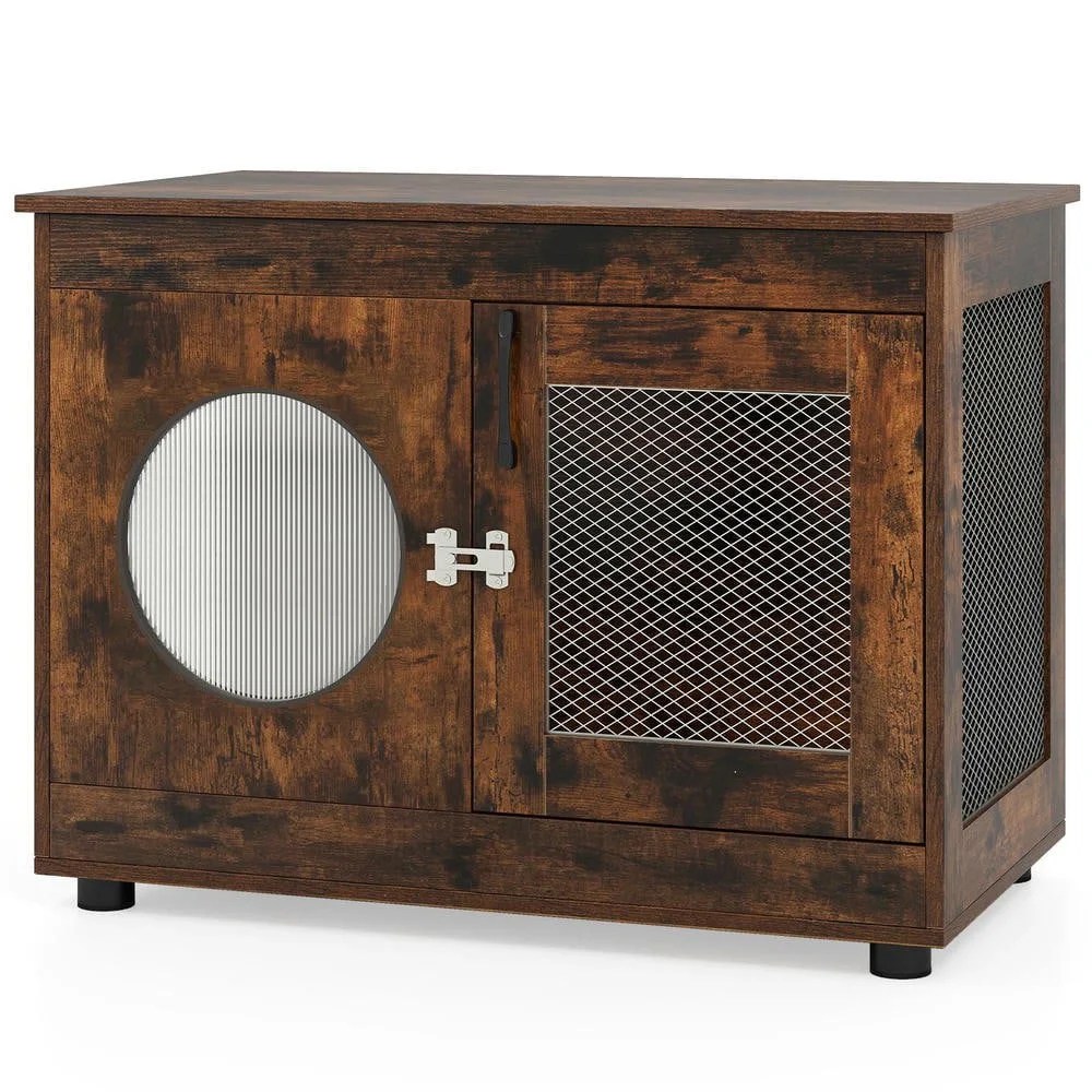 Resenkos Furniture-Style Dog Crate with Translucent Window and Lockable Door, Rustic Brown - Image 2