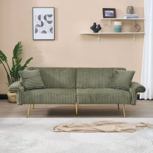 79 inch Convertible Folding Futon Sofa Bed Sleeper Couch for Living Room Corduroy Upholstered Recliner Loveseat Lounge wtith Adjustable Armrests, 2 Throw Pillows, Green