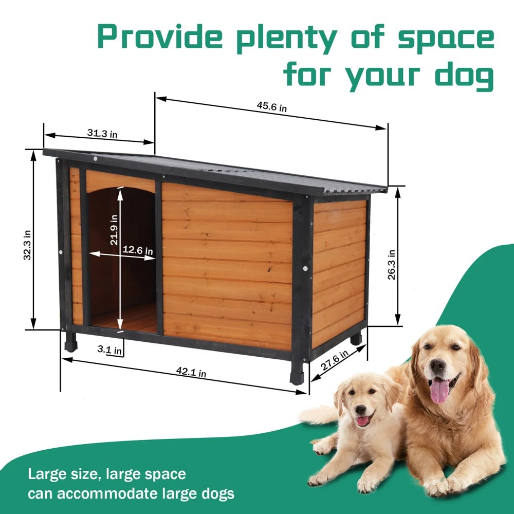 Kadyn 46"Dog House Outdoor & Indoor Wooden Dog Kennel, Dog House for Winter with Raised Feet Weatherproof for Large Dogs, GoldMatte Black - Image 2