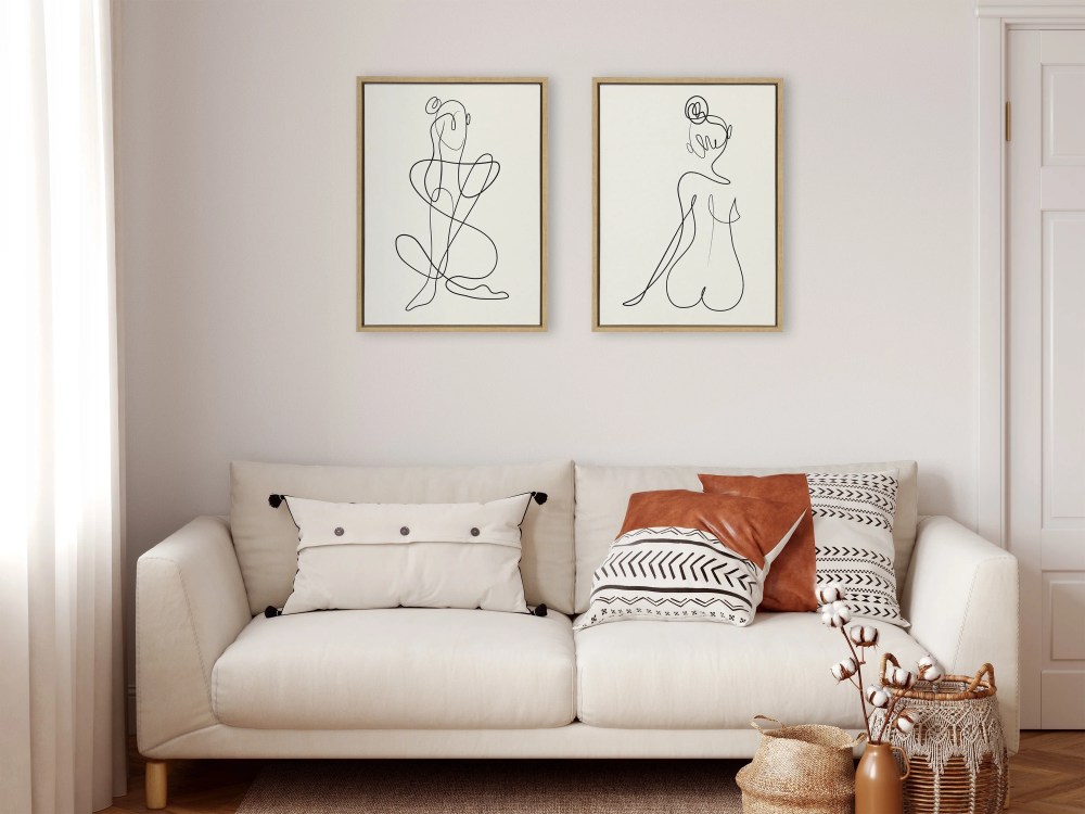 Sylvie Thinking of You Line Art and Sitting Beauty 18 in x 24 in Framed Painting Canvas Art Prints, by Kate and Laurel Set of 2 - Image 3