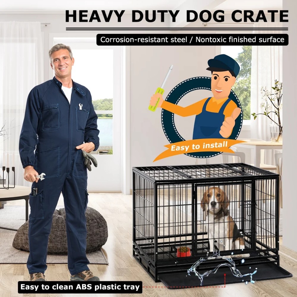 Bestpet 36" Dog Crate Cage with Plastic Tray, Double Doors and Locks for Large Dogs, Heavy Duty - Image 5