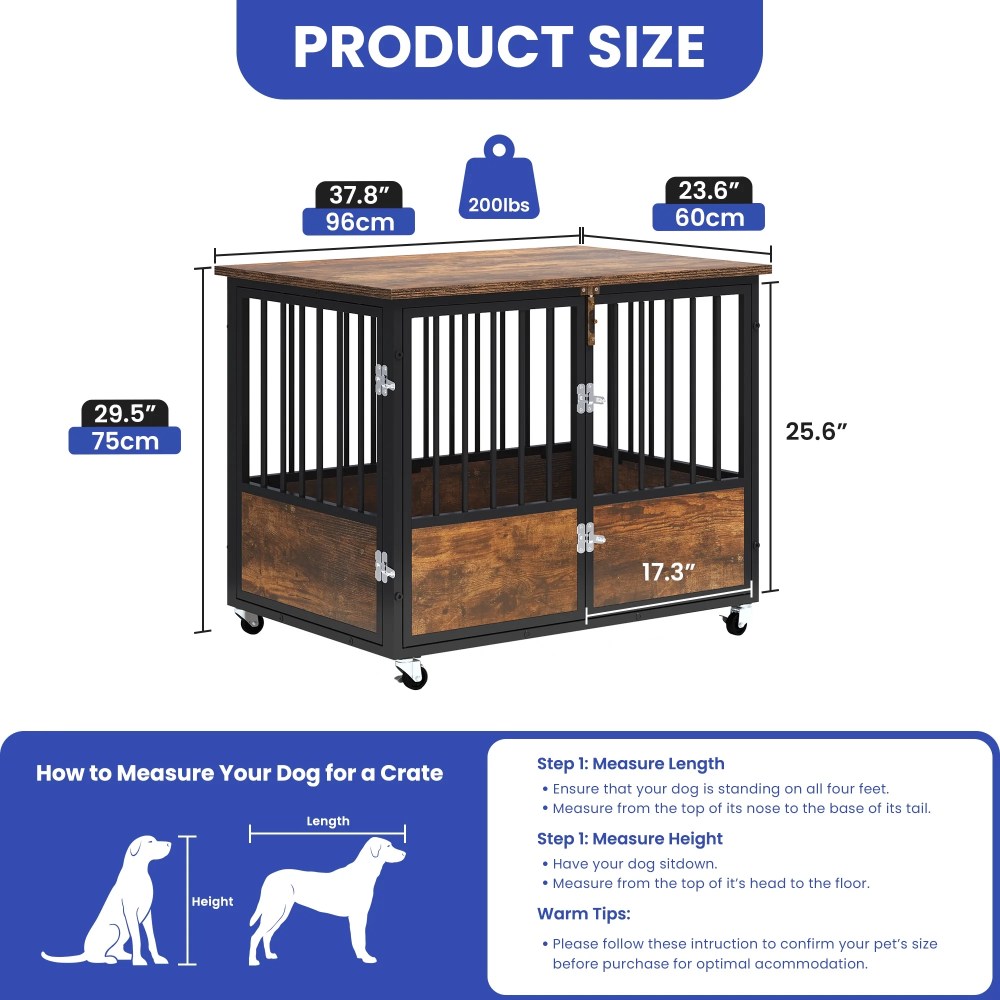ModFusion 38" Double Door Dog Crate with Wooden Top for Storage, Locking Casters, and Waterproof Surface-Durable, Easy-to-Clean Pet Crate - Image 2