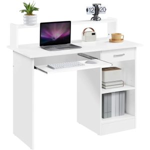 Yaheetech Computer Desk Home Office Laptop Desktop Table with Drawers Storage Shelf Keyboard Tray,White