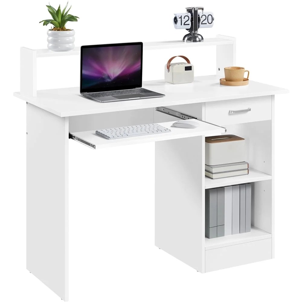 Yaheetech Computer Desk Home Office Laptop Desktop Table with Drawers Storage Shelf Keyboard Tray,White