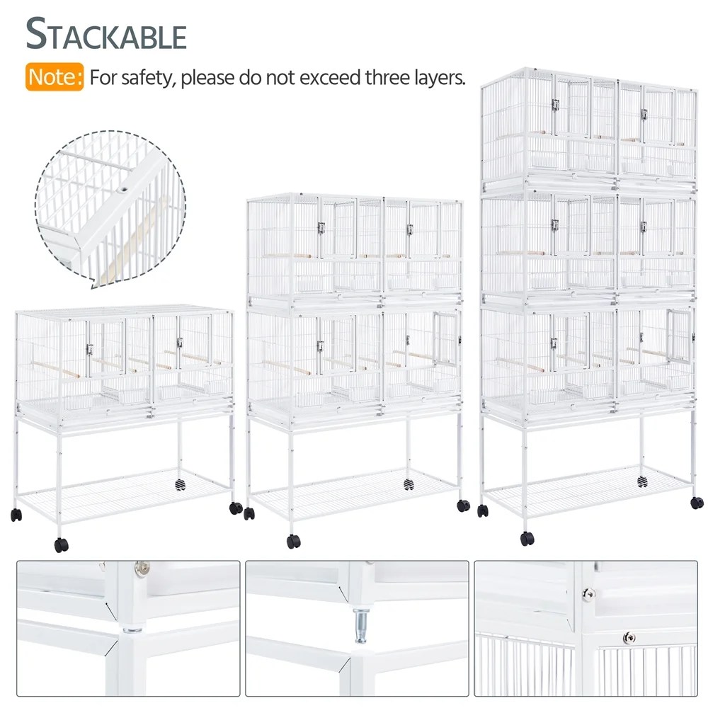 Alden Design Stackable Wide Divided Metal Bird Breeder Cage with Rolling Stand, White - Image 3
