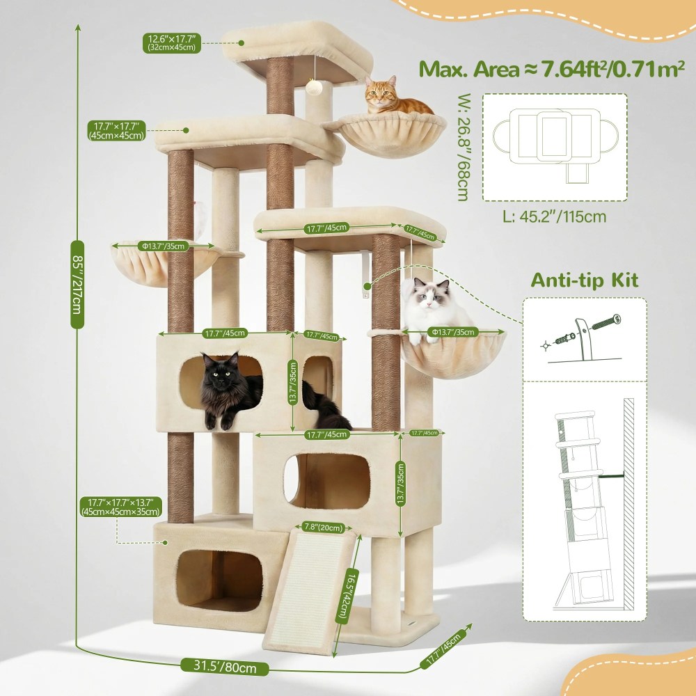 Globlazer Big Cat Tree Tower, 85in Multi-Level Tall Cat Tree Tower Indoor for Multiple Adult Cats with Scratching Post, 3 Perches, 3 Condos, 2 Hanging Basket, S85, Beige - Image 5