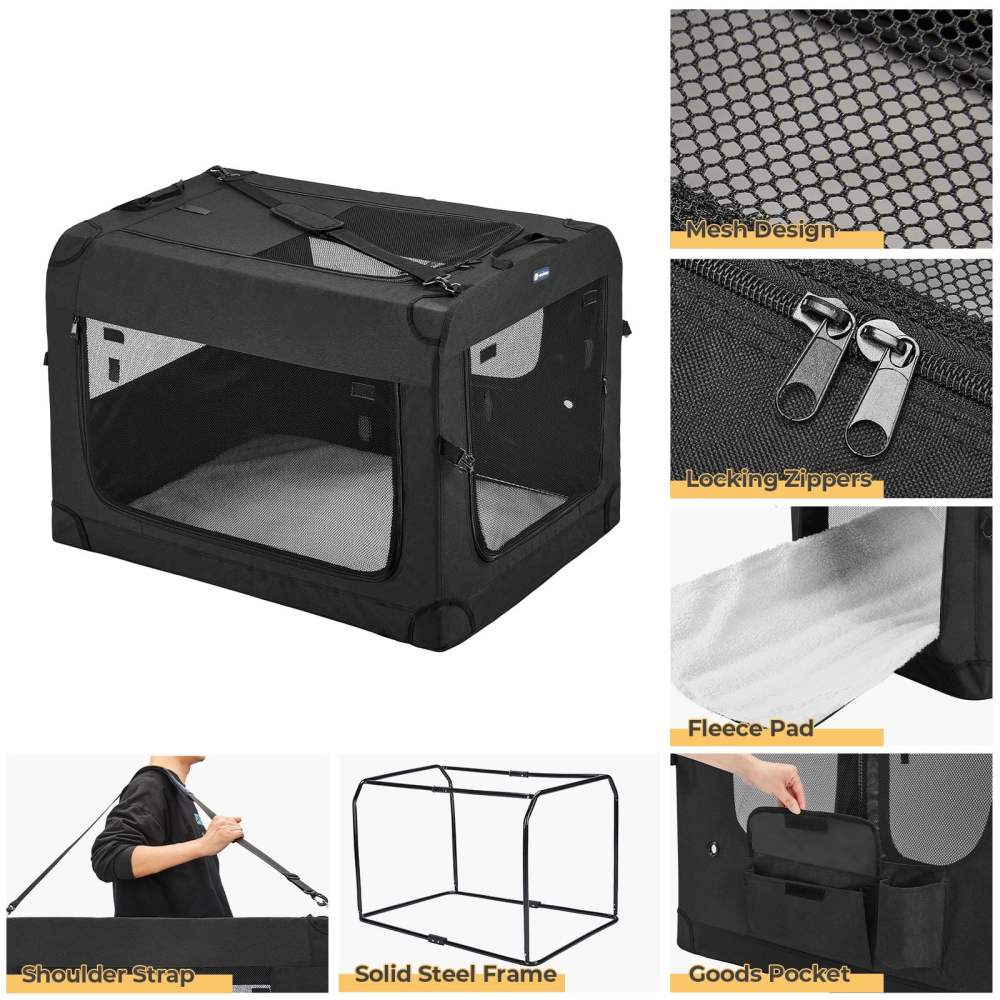 Veehoo Folding Soft Dog Crate, 3-Door Pet Kennel, 600D Cationic Oxford Fabric, 40", Black - Image 5