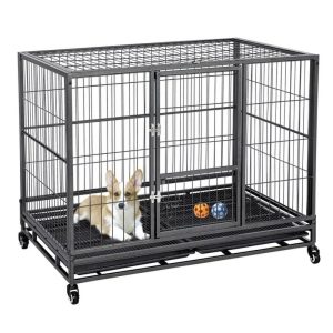 L43xW28.7xH35" Rolling Dog Crate For Medium/Large Dogs Dog Cage with Wheels & Litter Pans, Black