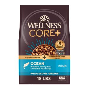 Wellness CORE Dry Dog Food with Freeze Dried Pieces,  Wholesome Grains,  High Protein,  Natural,  Ocean Whitefish & Herring Recipe,  (18-Pound Bag)